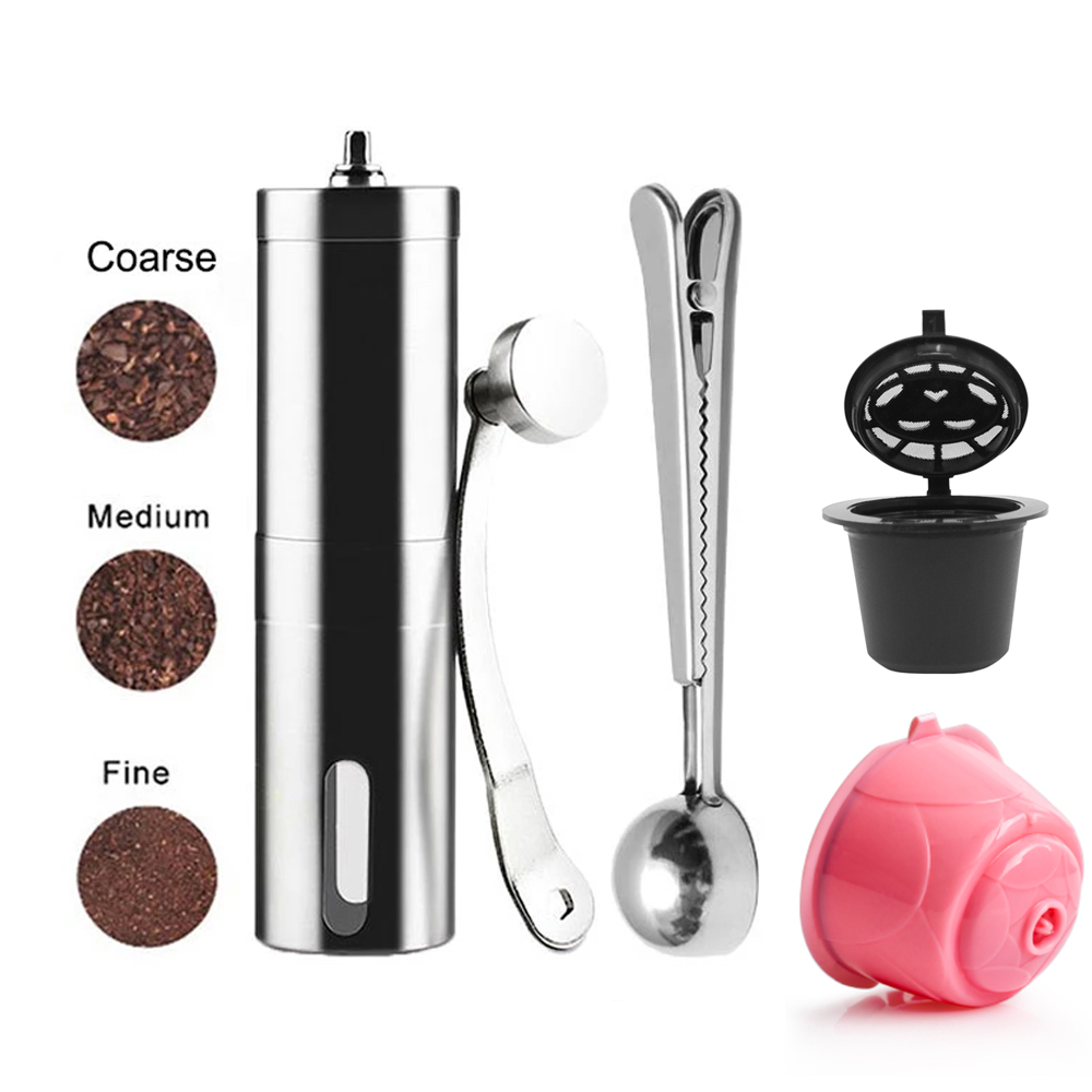 Burr Hand Grinder - เครื่องบดกาแฟขนาดเล็ก สแตนเลสสตีล แบบมือหมุน บดเมล็ดกาแฟด้วยมือ เครื่องบดโครคัส สำหรับแคปซูลเนสเพรสโซ